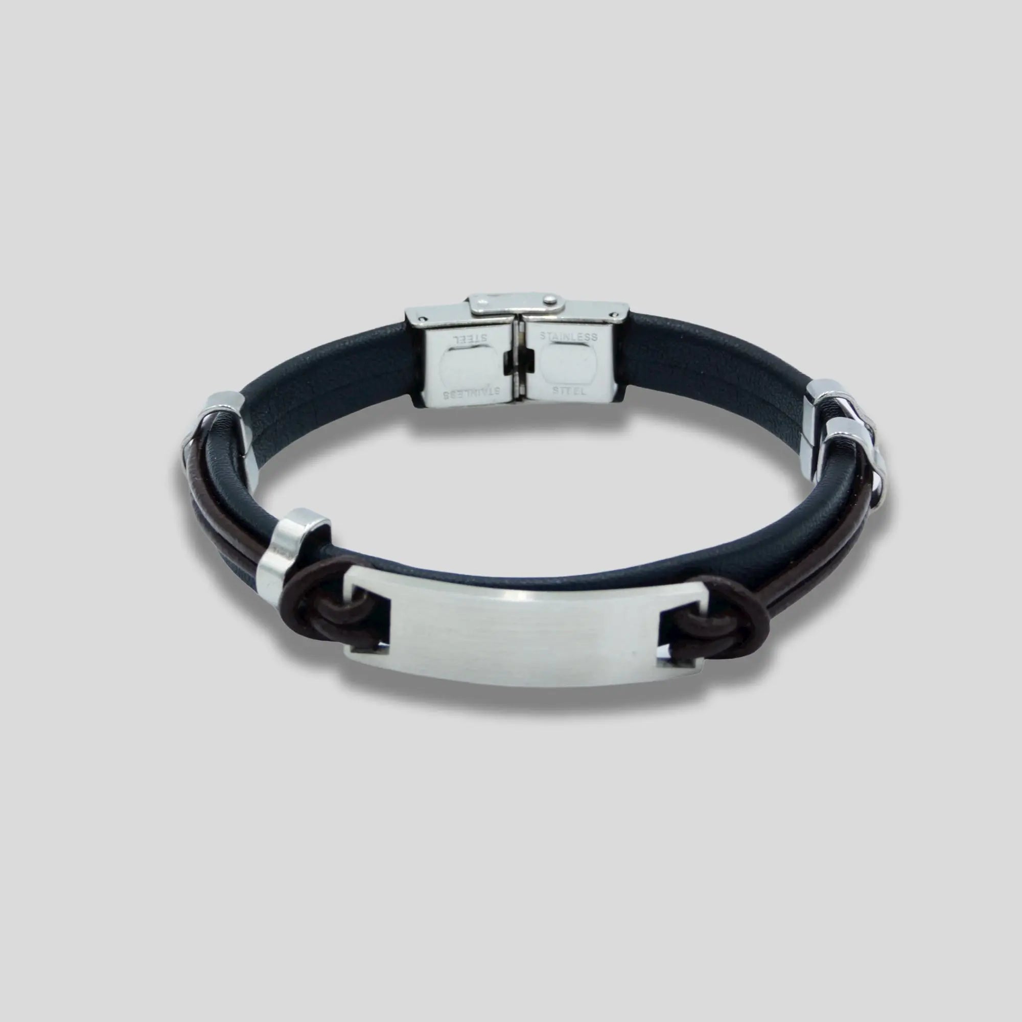 Black Leather Bracelet with A Plain Silver Plate Glen Ogal