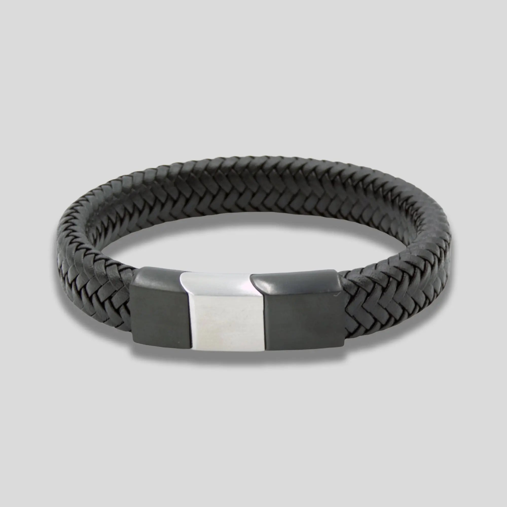 Black Leather Bracelet with Black and Silver Clasp Glen Ogal