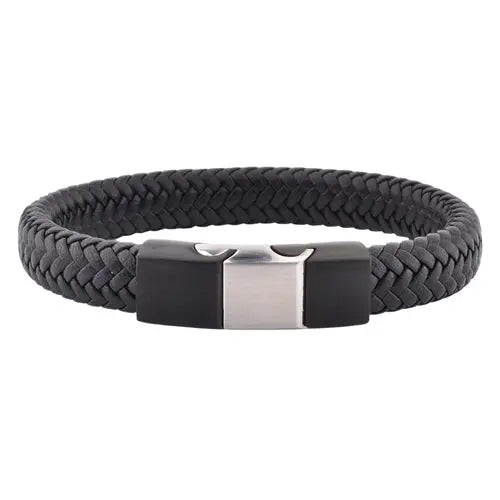 Black Leather Bracelet with Black and Silver Clasp Glen Ogal