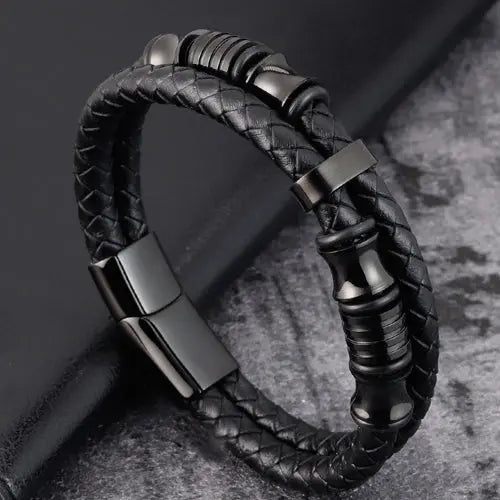 Black Leather Braided Bracelet with Black Charms Glen Ogal