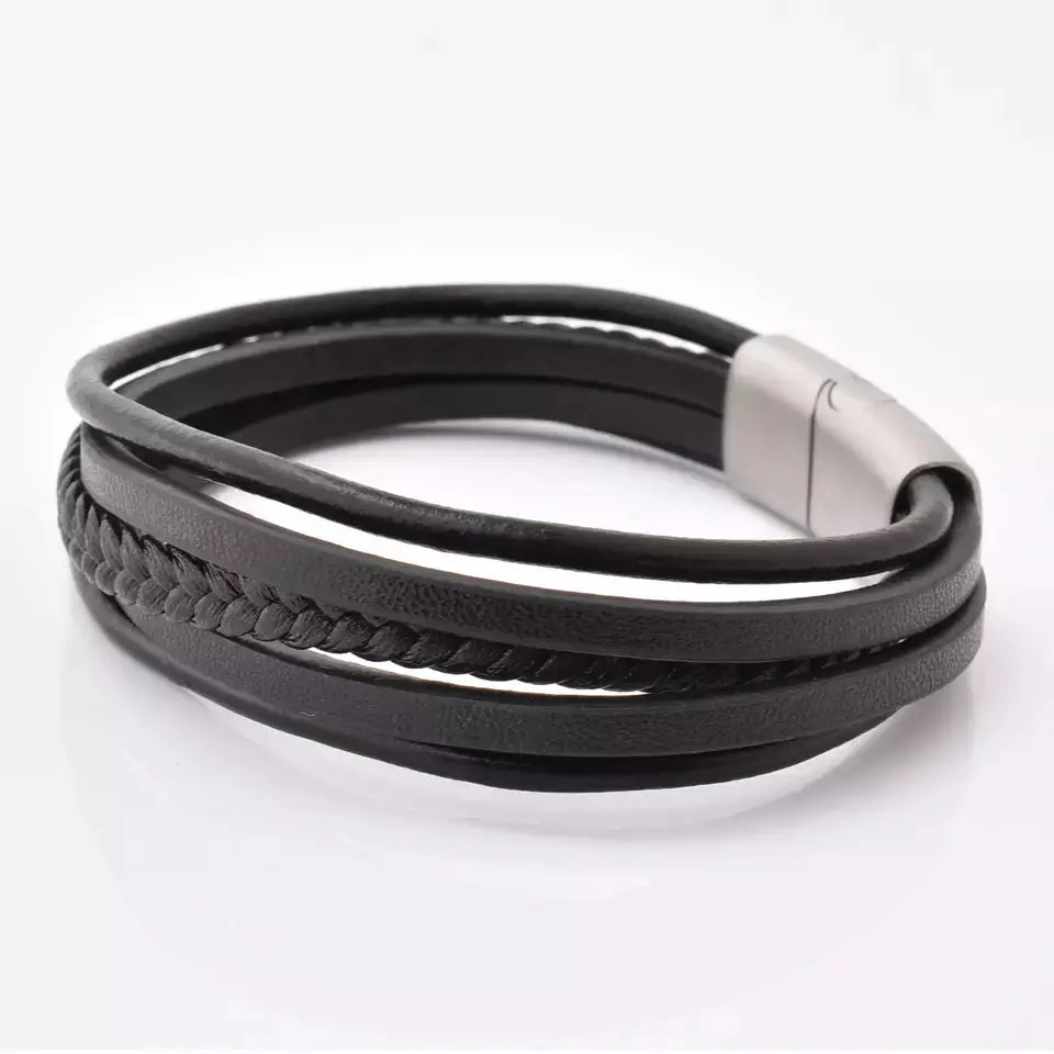 Black Multi Layer Leather Bracelet Silver Clasp - Glen Ogal