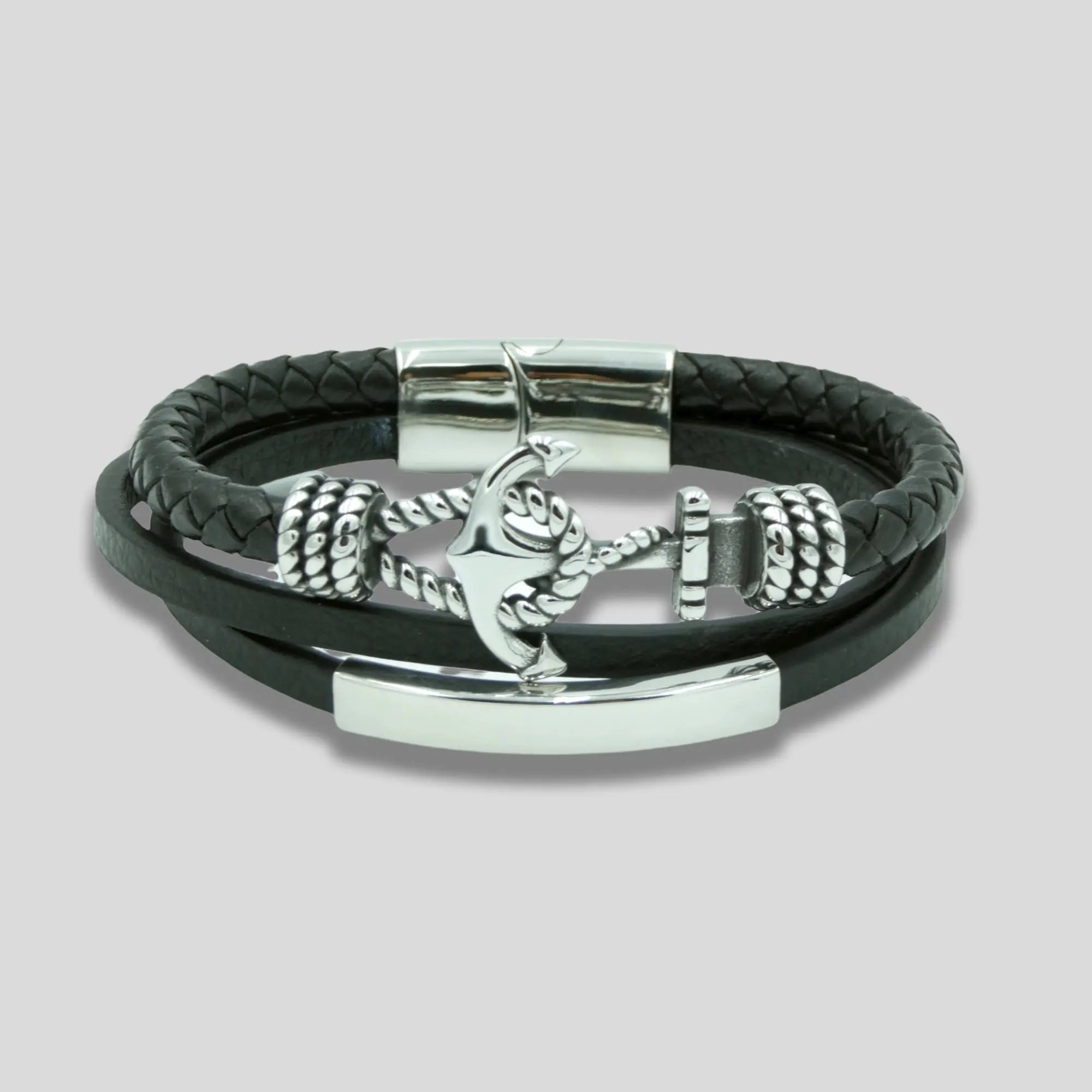 Black Multi Layer Leather Bracelet with Silver Anchor Charm Glen Ogal