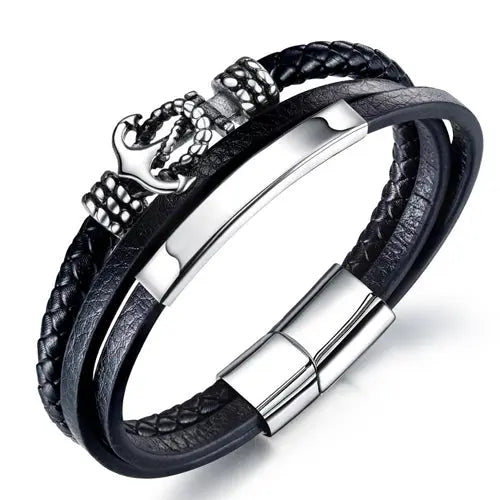 Black Multi Layer Leather Bracelet with Silver Anchor Charm Glen Ogal