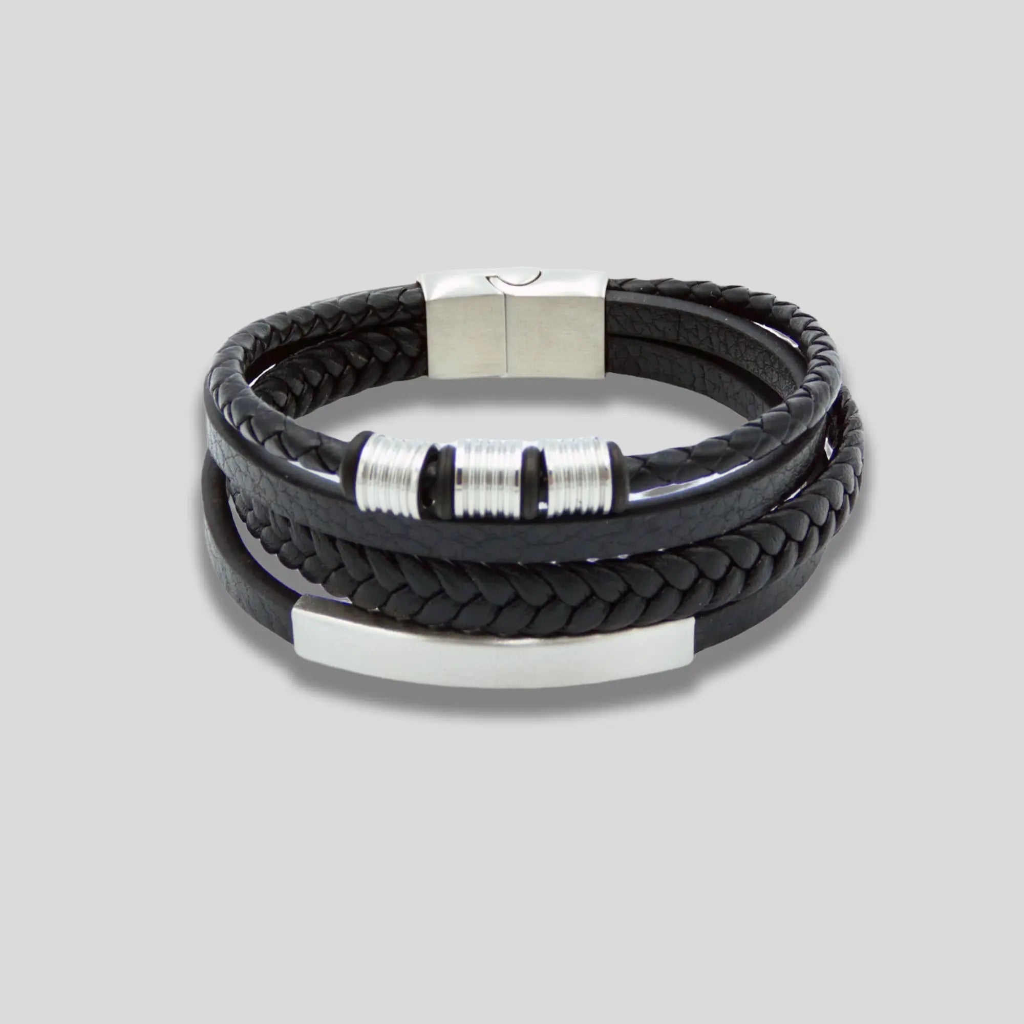 Black Multi Layer Leather Bracelet with Silver Charms Glen Ogal
