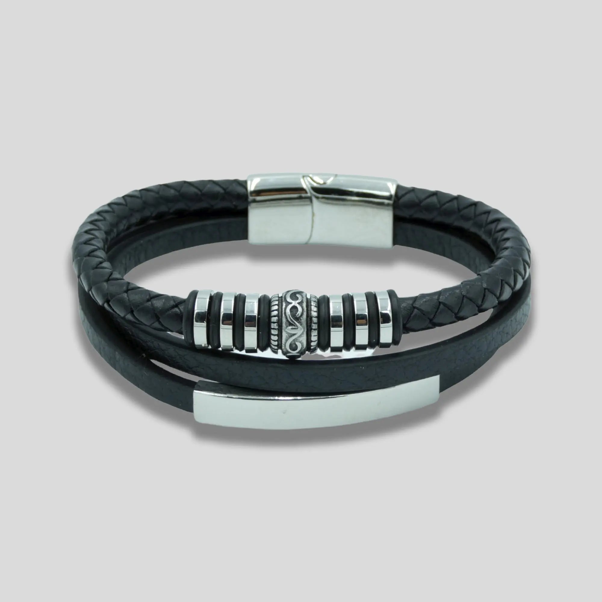 Black Multi Layer Leather Bracelet with Silver Charms Glen Ogal