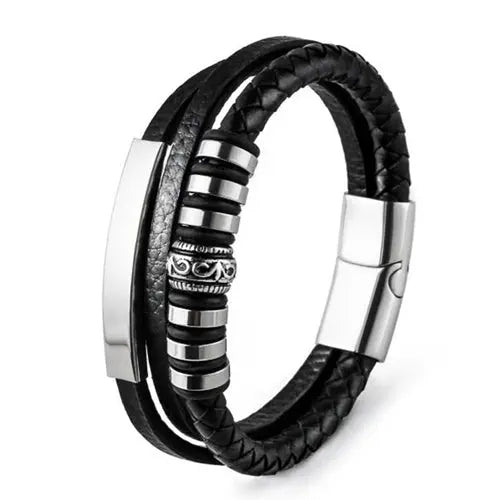 Black Multi Layer Leather Bracelet with Silver Charms Glen Ogal