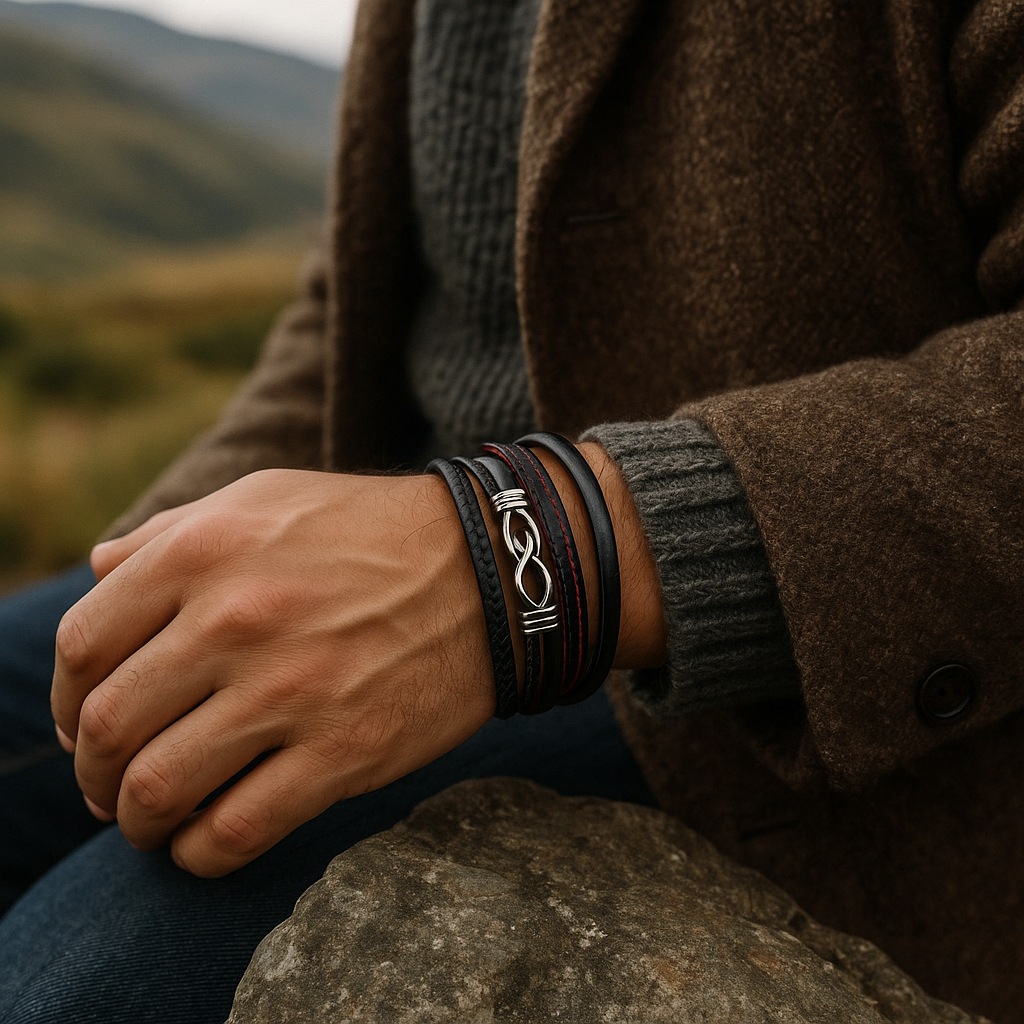 Black Multi-Layer Leather Bracelet with Steel Knot & Red Stitching Glen Ogal