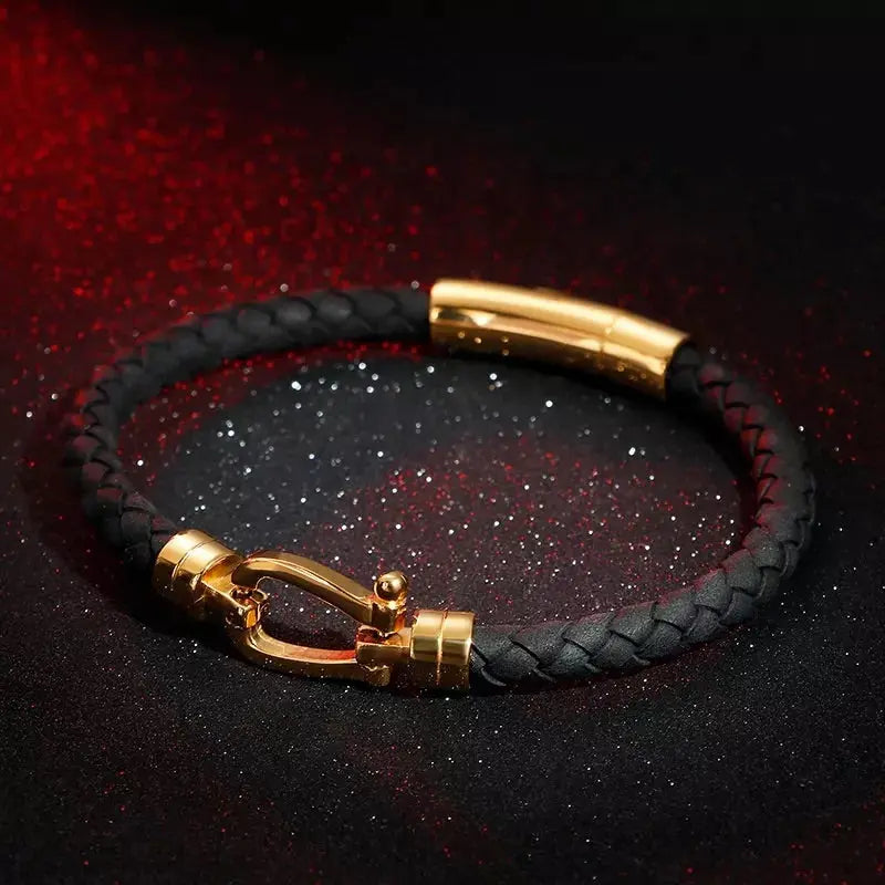 Blair Atholl Gold & Black Leather Bracelet - Glen Ogal