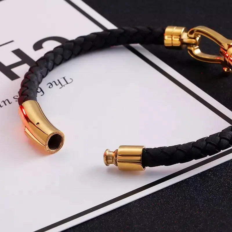 Blair Atholl Gold & Black Leather Bracelet - Glen Ogal