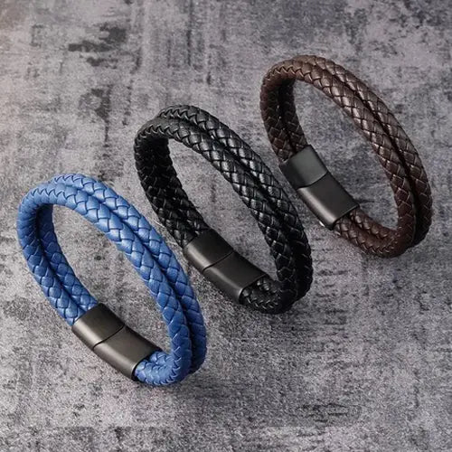 Classic Black Mens Double Leather Bracelet Glen Ogal