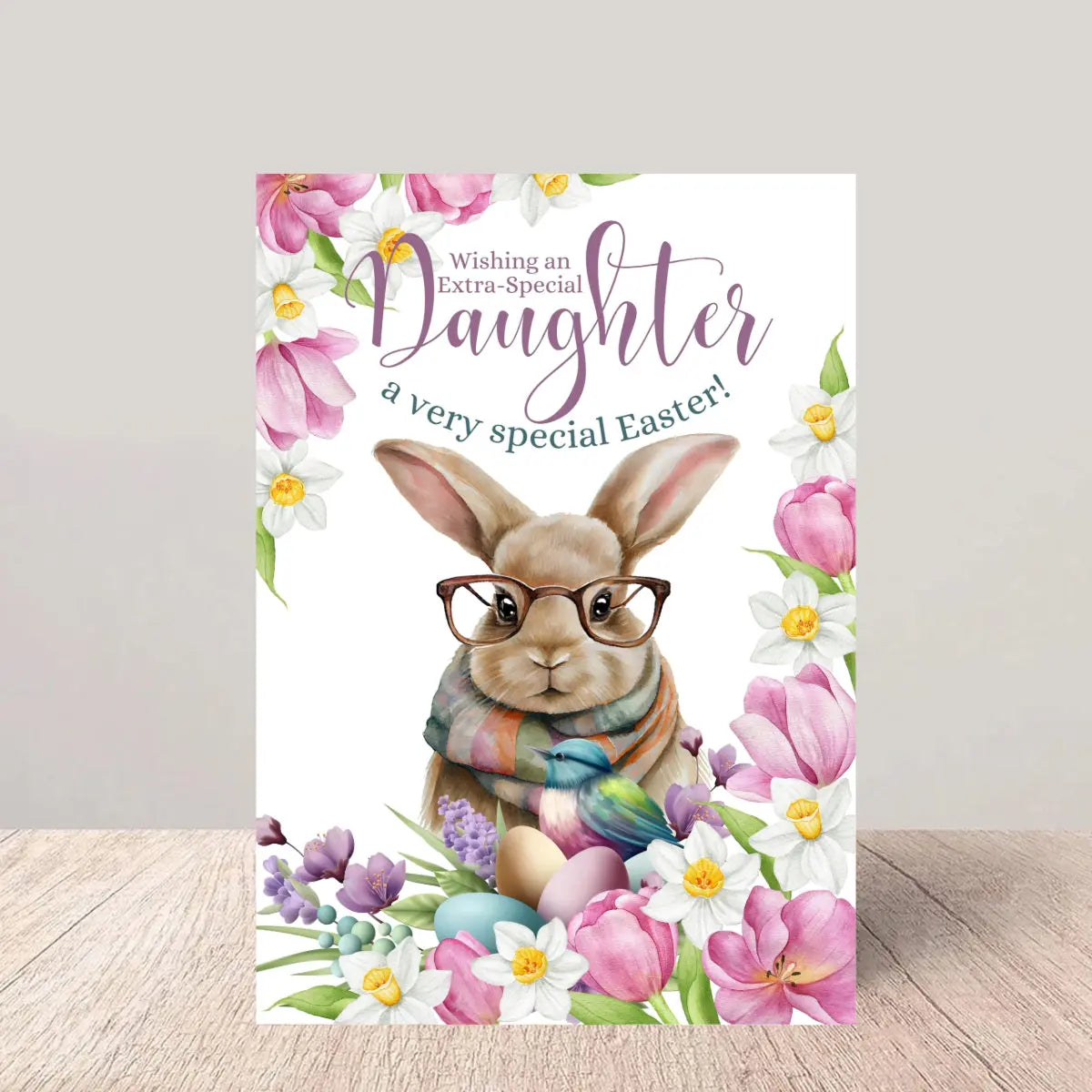 Daughter Easter Greetings Card - Whimsical Bunny and Spring Flowers Glen Ogal