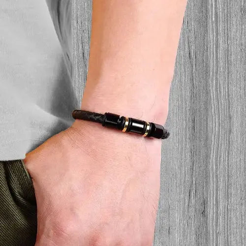 Gold & Black Charm Leather Bracelet Glen Ogal