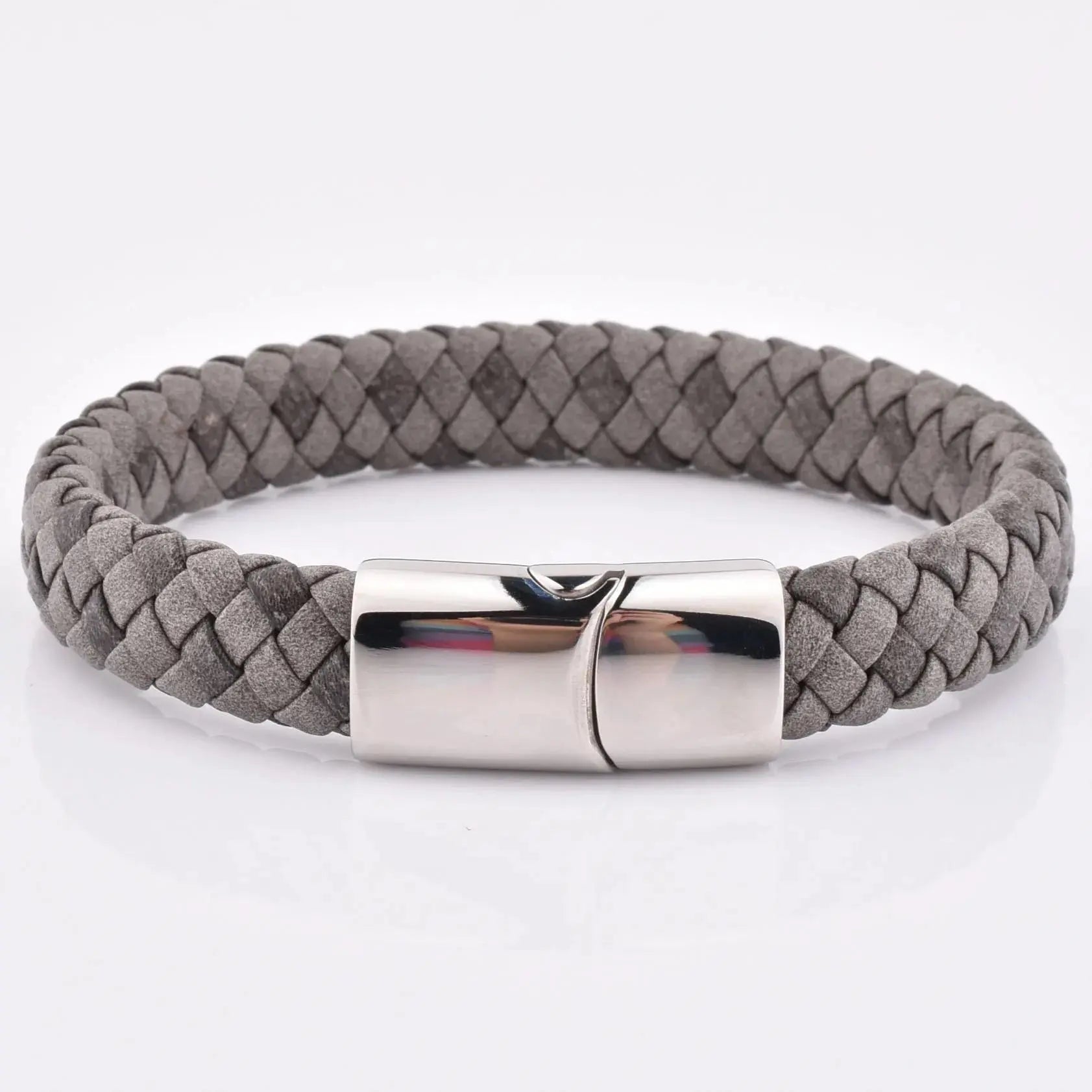 Grey braided leather men’s bracelet with stainless steel clasp by Glen Ogal