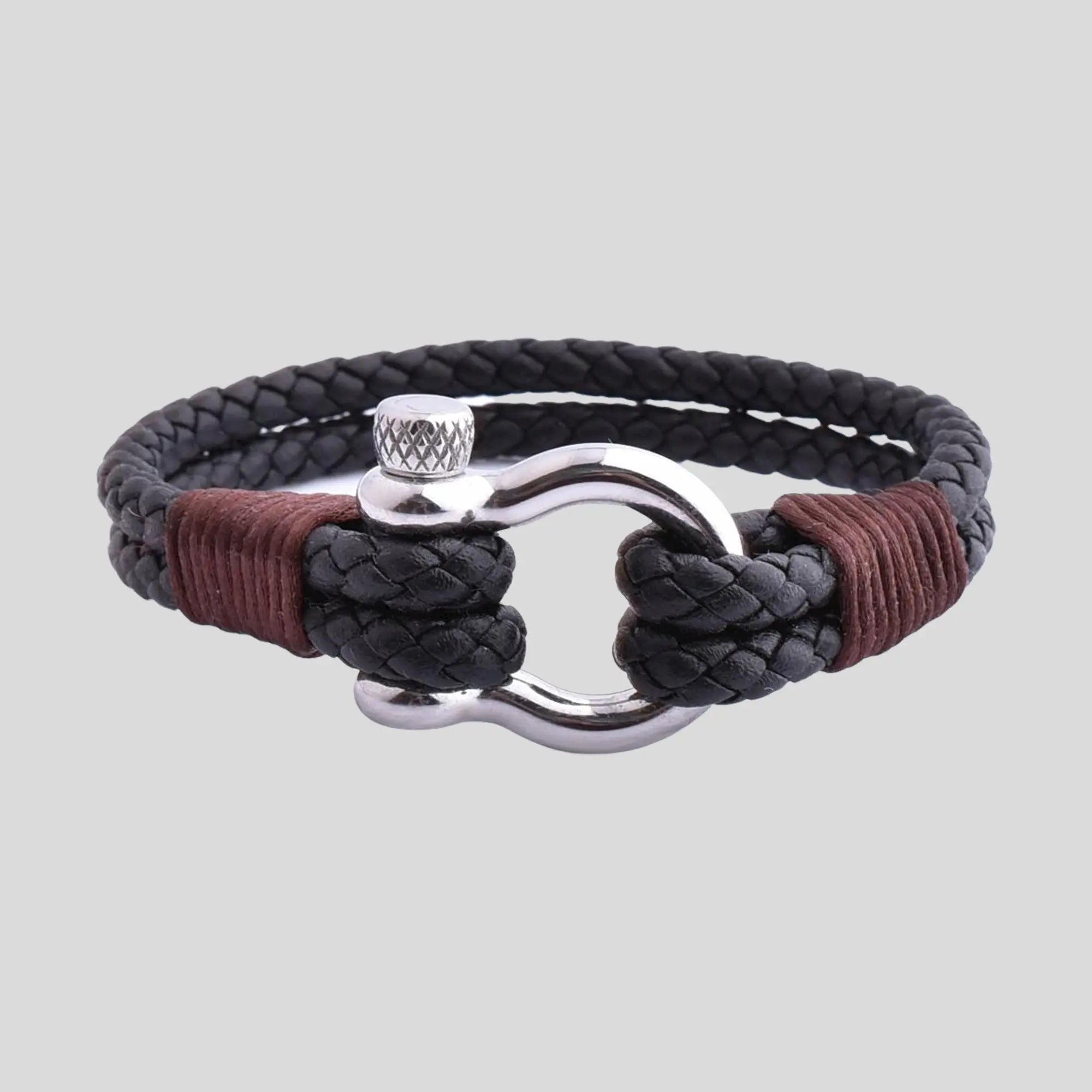 Men's Black Braided Leather Stainless Steel Screw Shackle Bracelet Glen Ogal