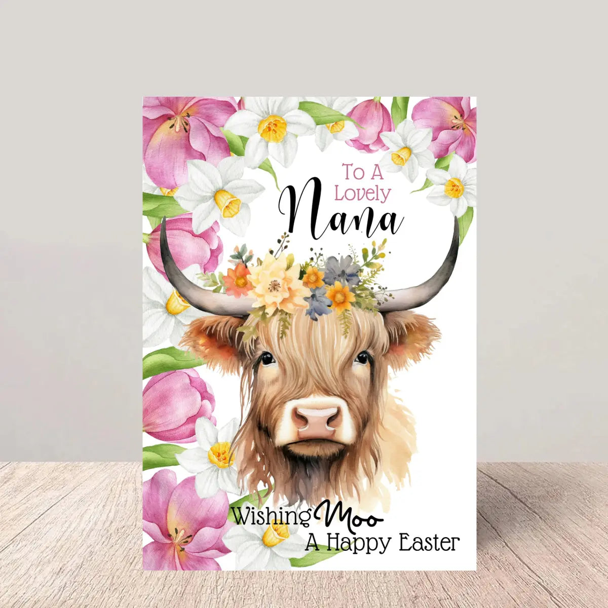 Nana Easter Card - Floral Highland Cow Greetings Card Glen Ogal