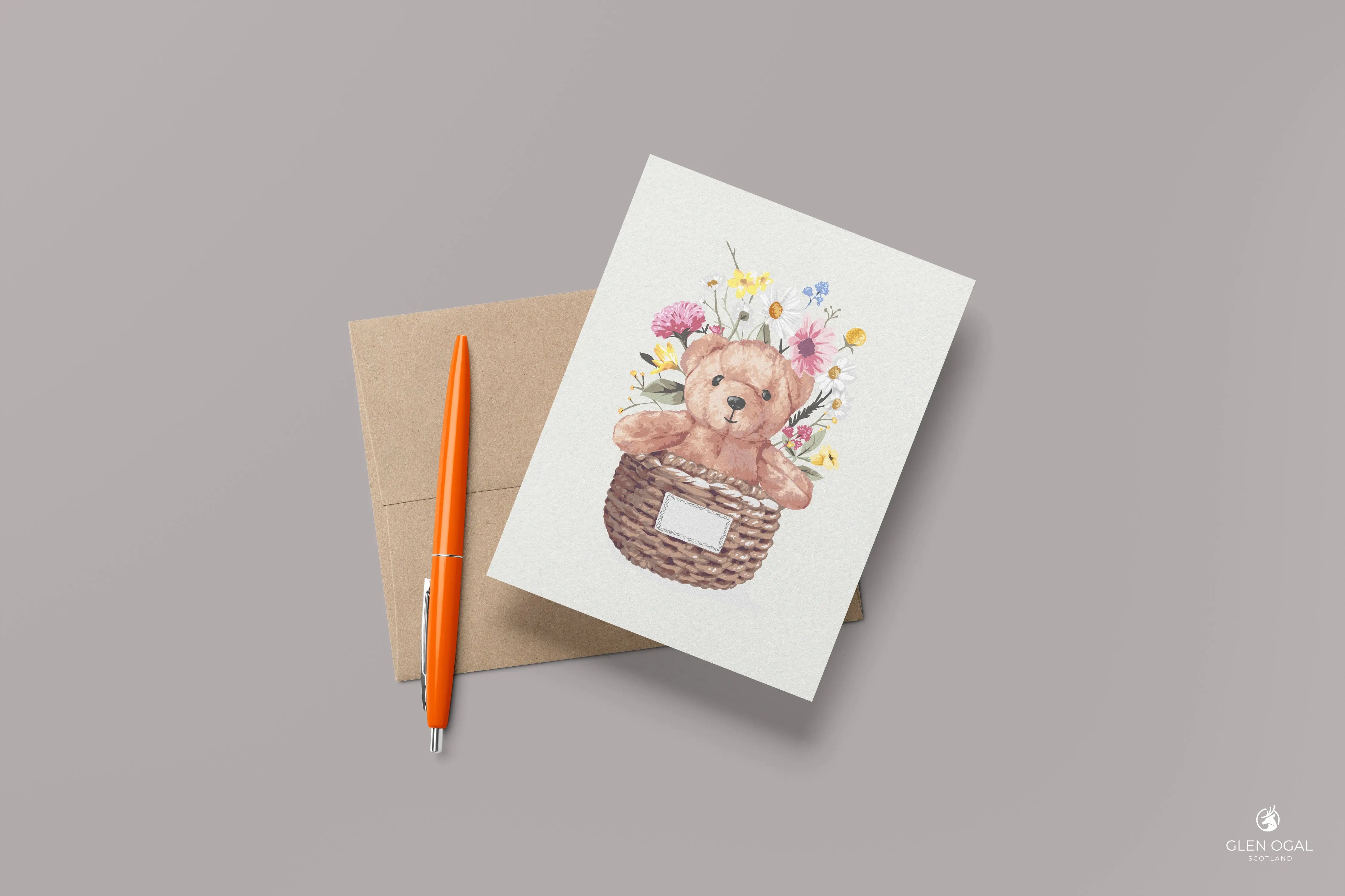 Pack of 5 Bear in Floral Basket Note Cards Glen Ogal