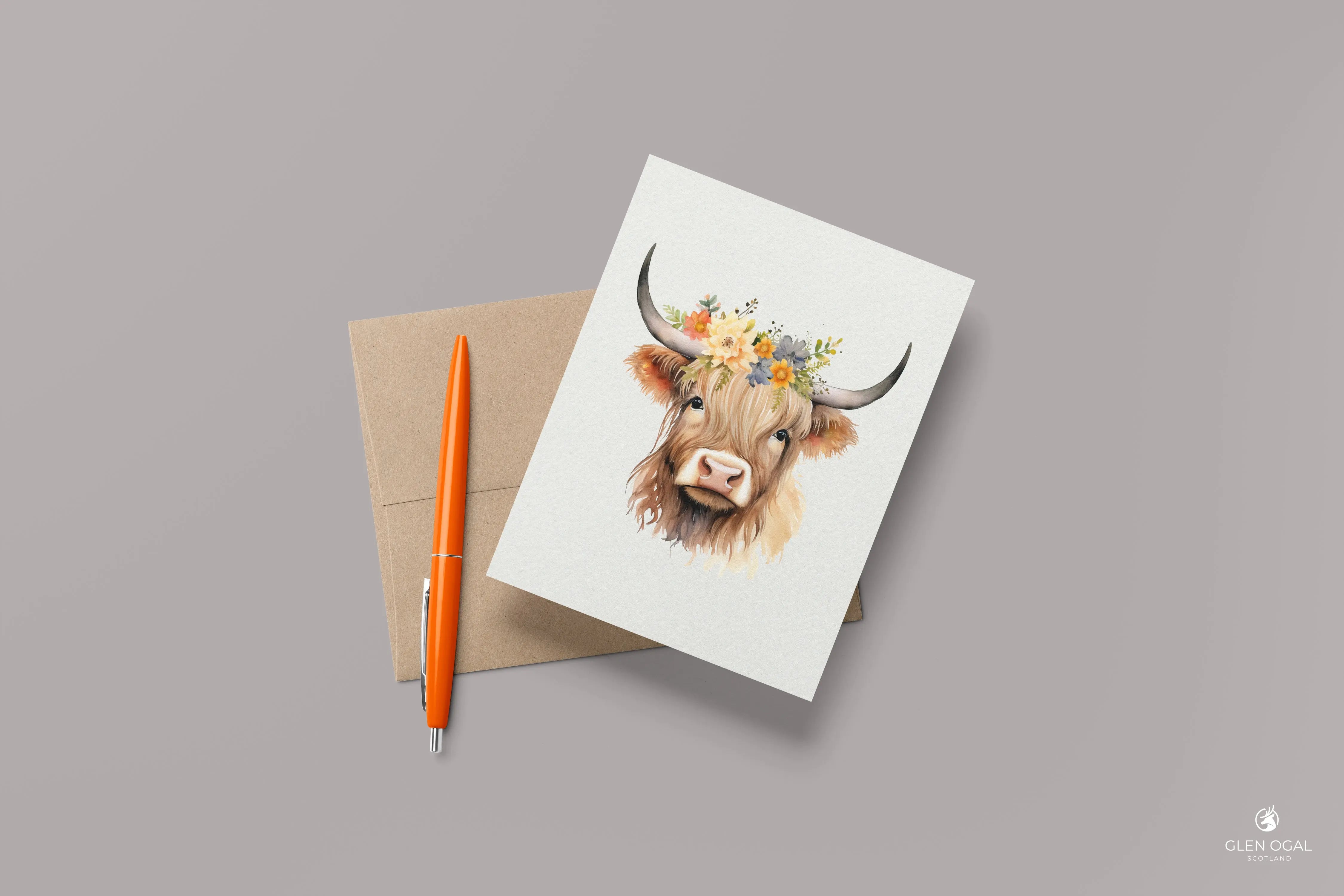 Pack of 5 Floral Highland Cow Note Cards Glen Ogal