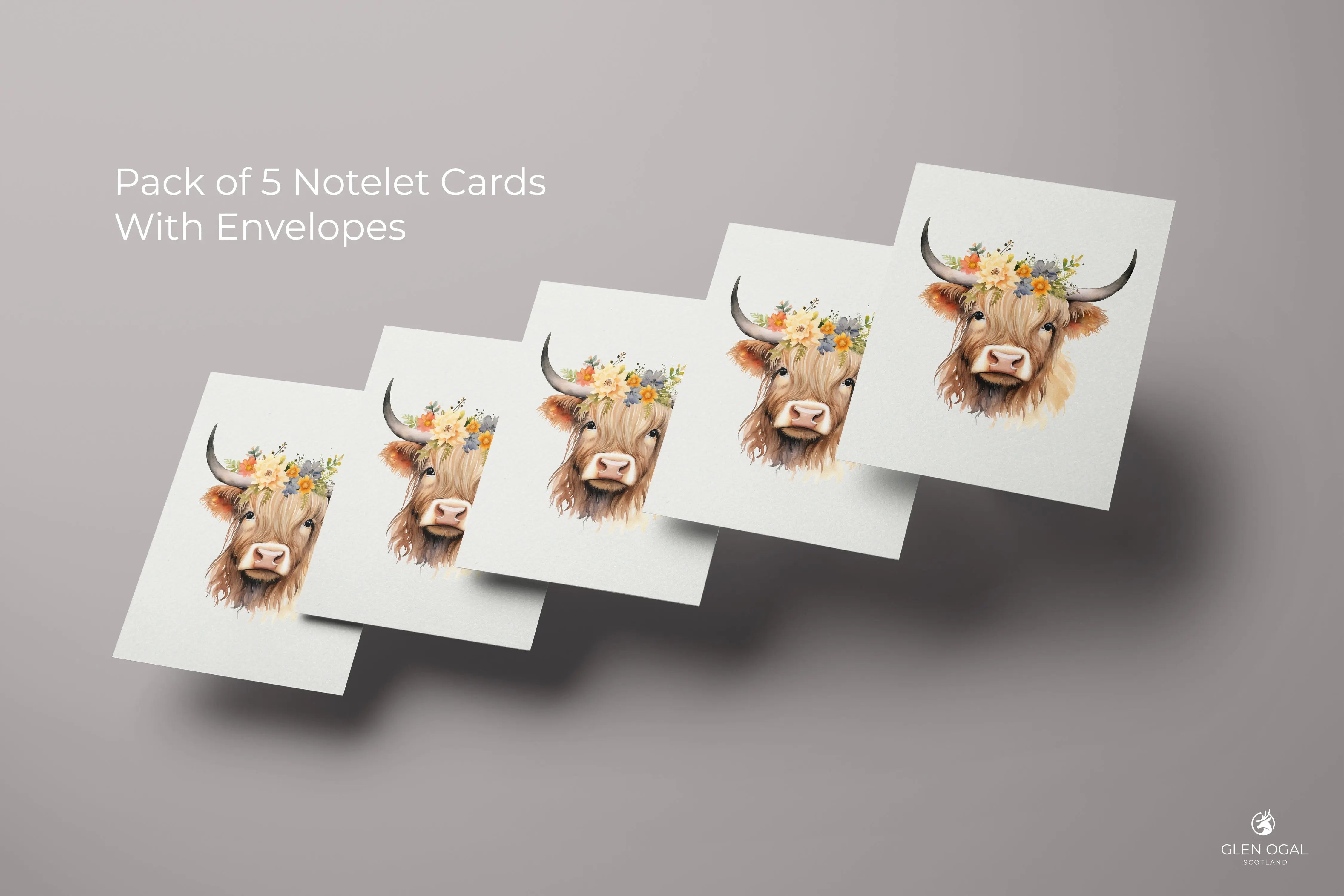 Pack of 5 Floral Highland Cow Note Cards Glen Ogal