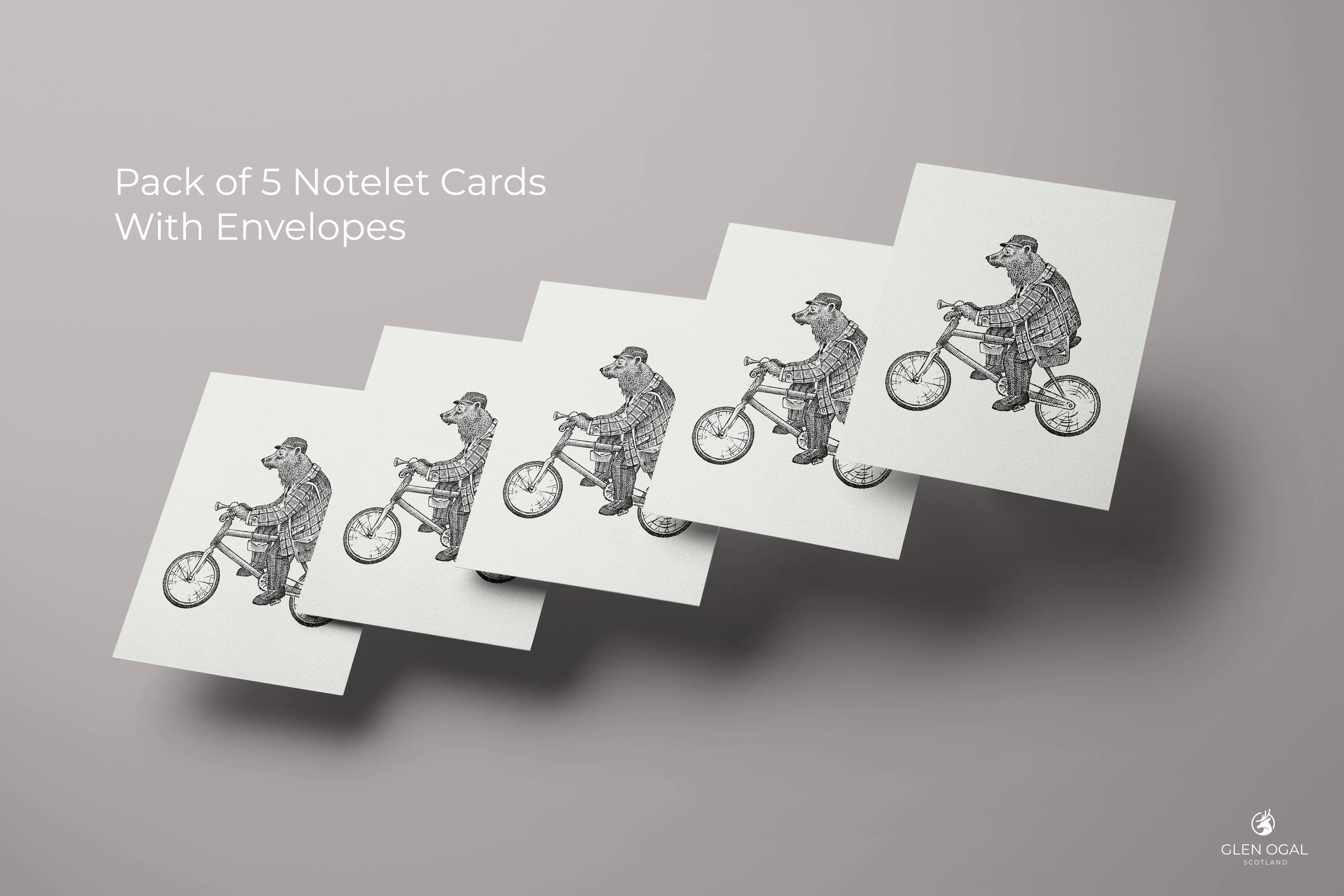 Pack of 5 Retro Bear On Bike Note Cards - Glen Ogal