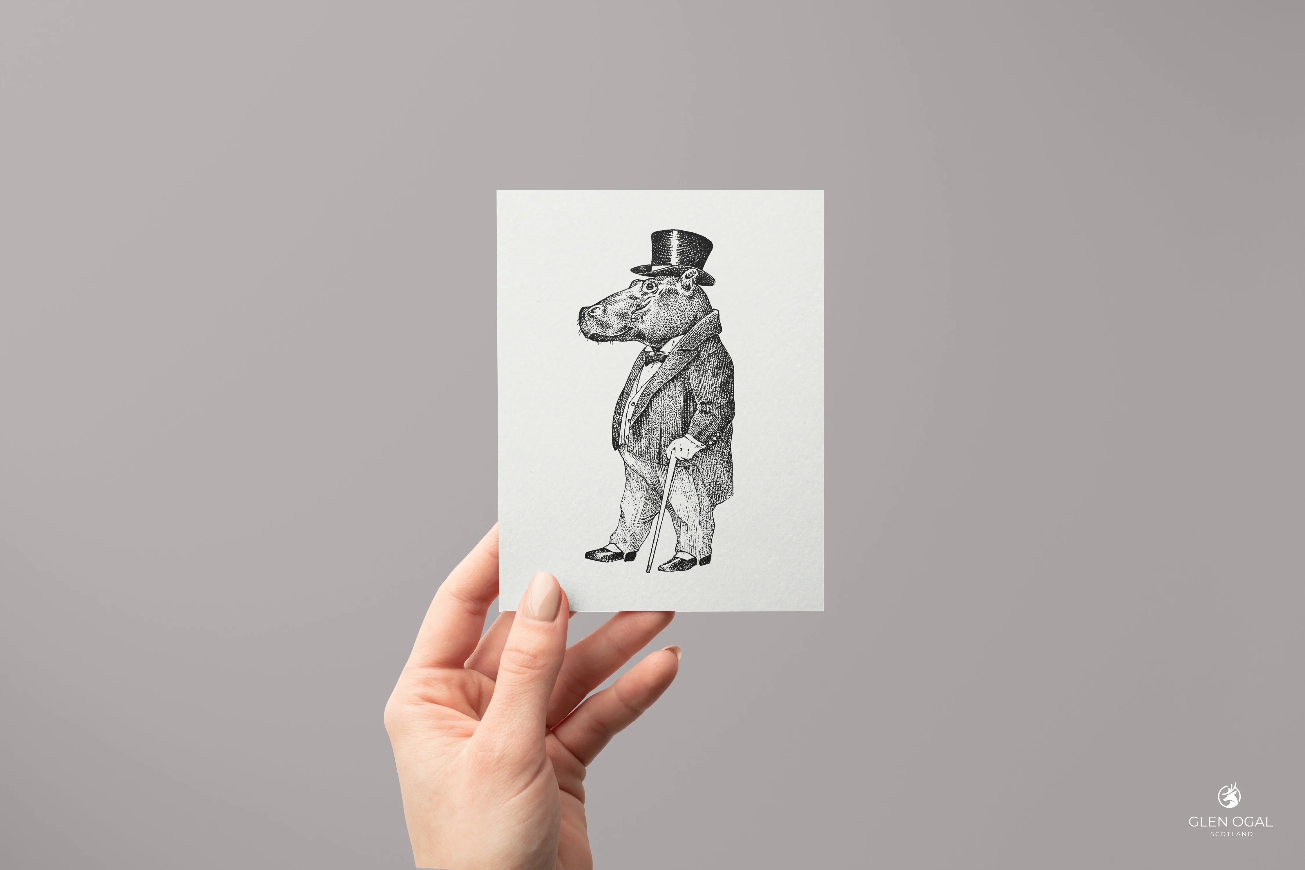 Pack of 5 Retro Gentleman Hippo Note Cards - Glen Ogal