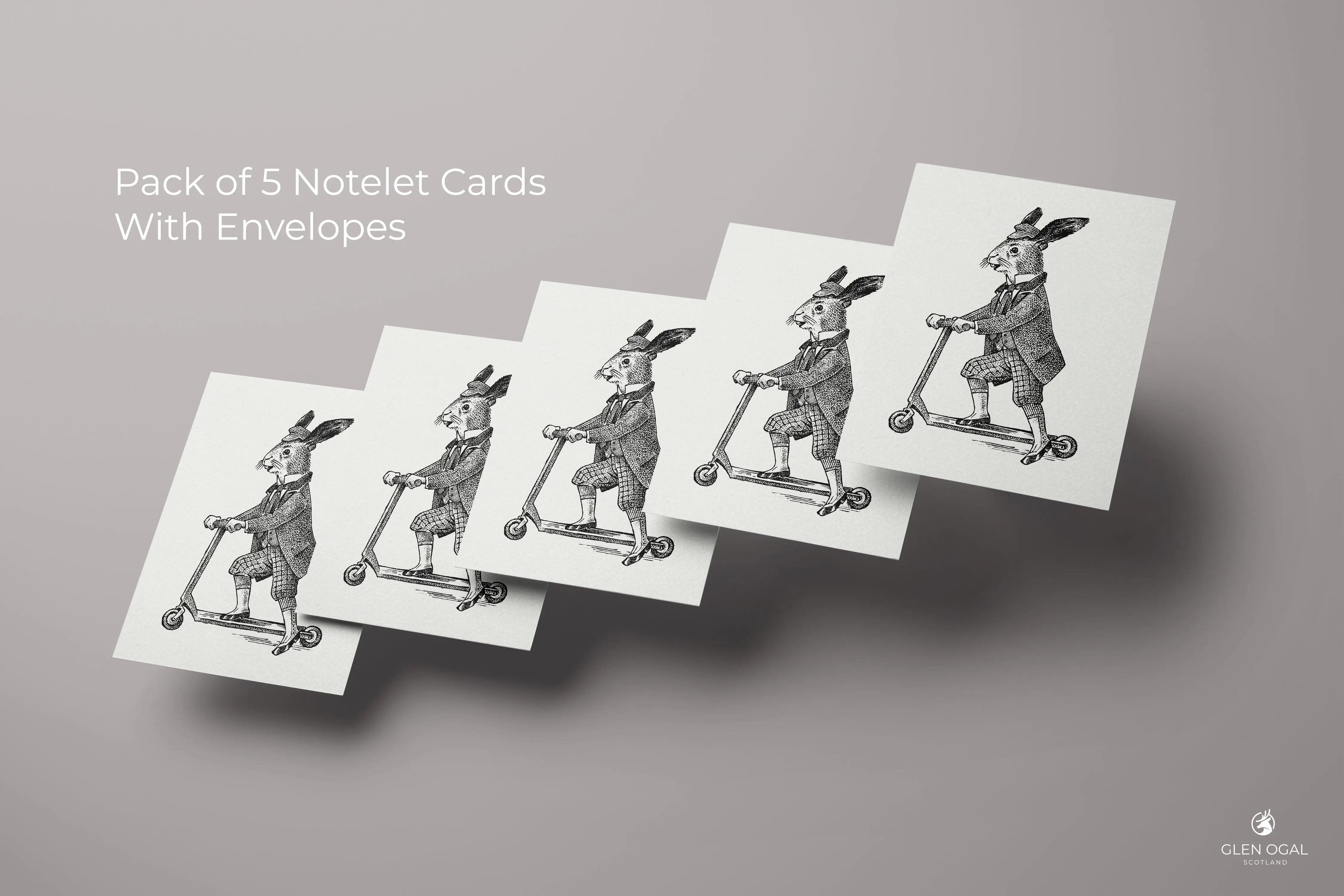 Pack of 5 Retro Hare on Scooter Note Cards - Glen Ogal