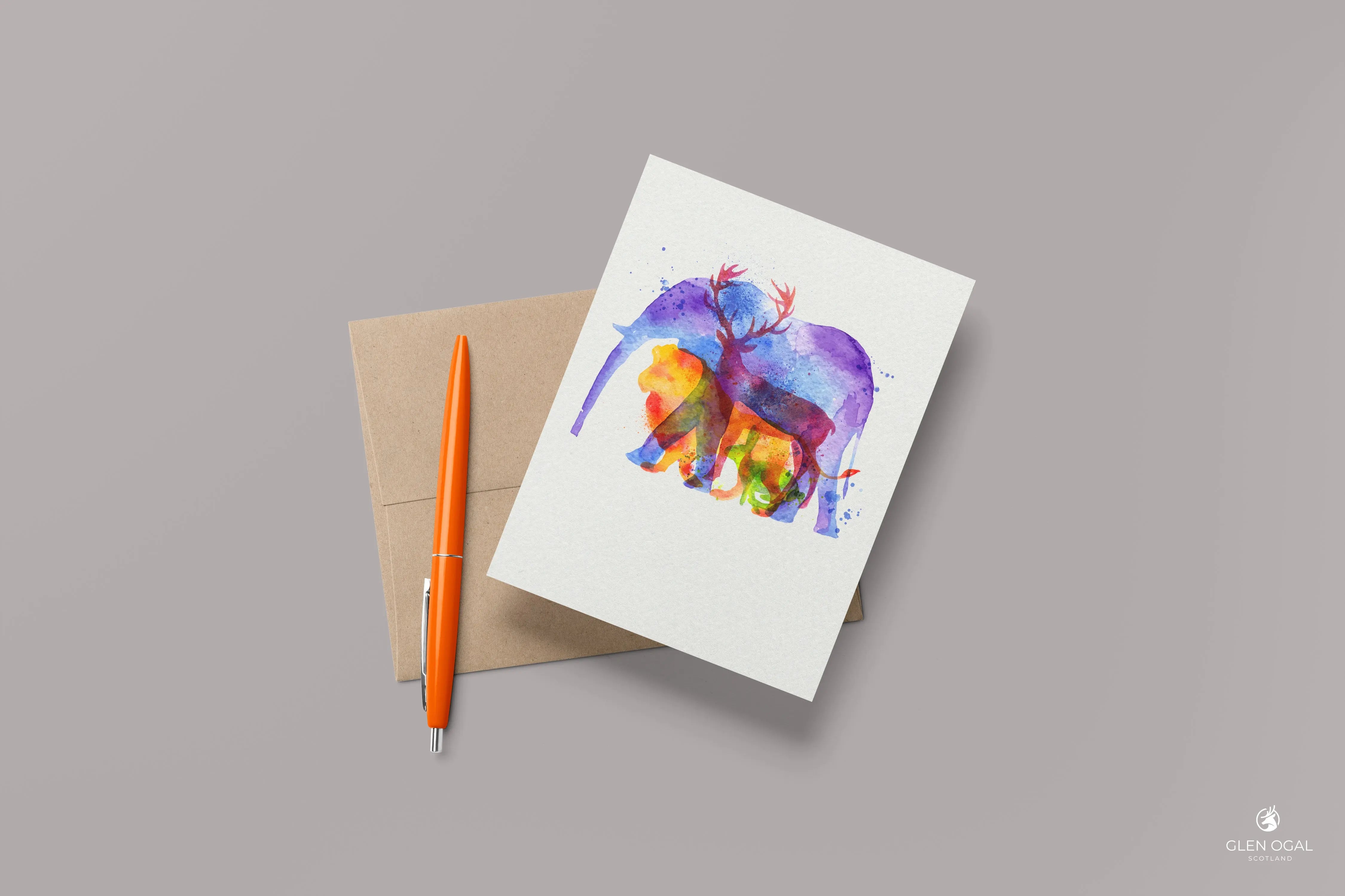 Pack of 5 Watercolour Animal Note Cards - Glen Ogal
