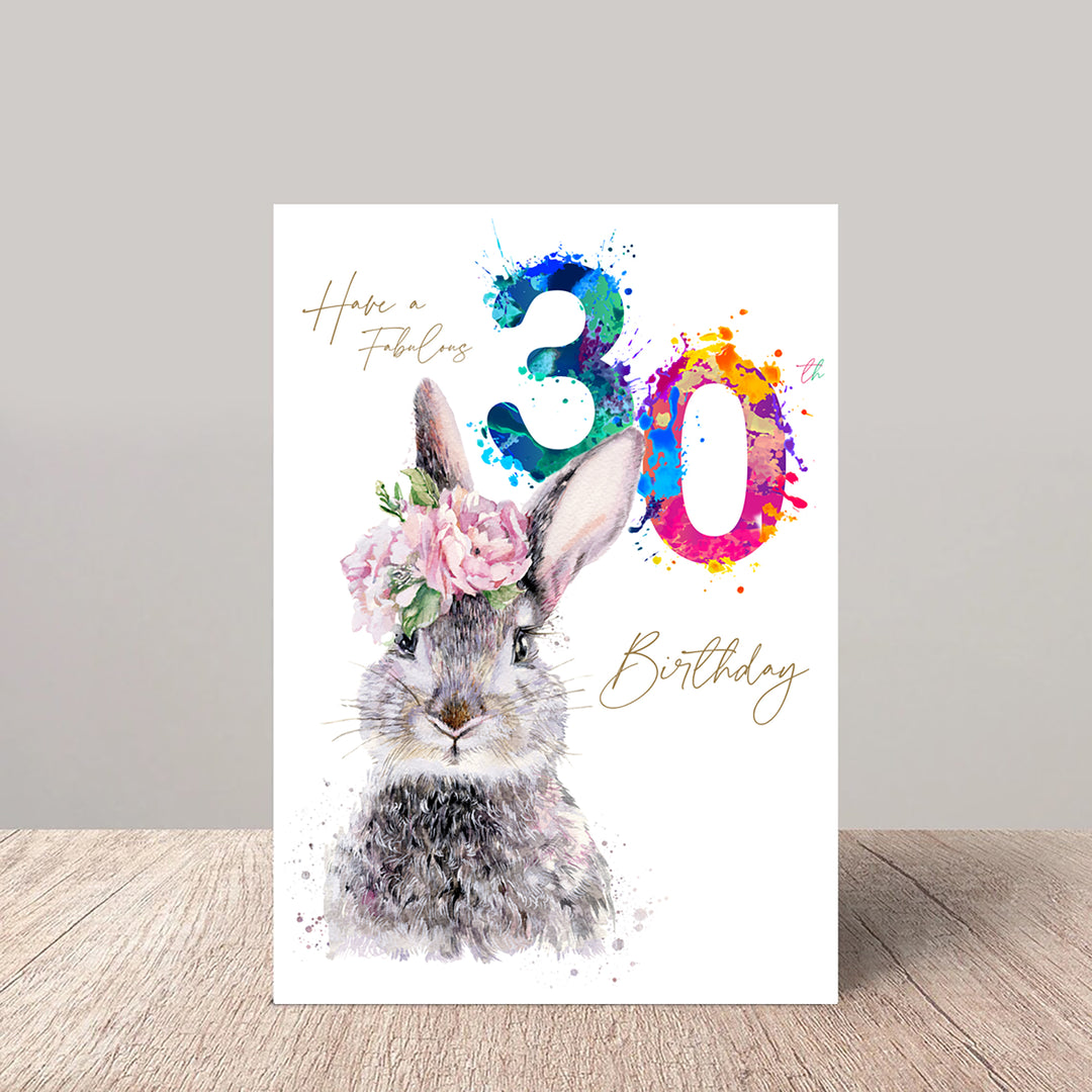 Fabulous 30th Birthday Card Floral Hare