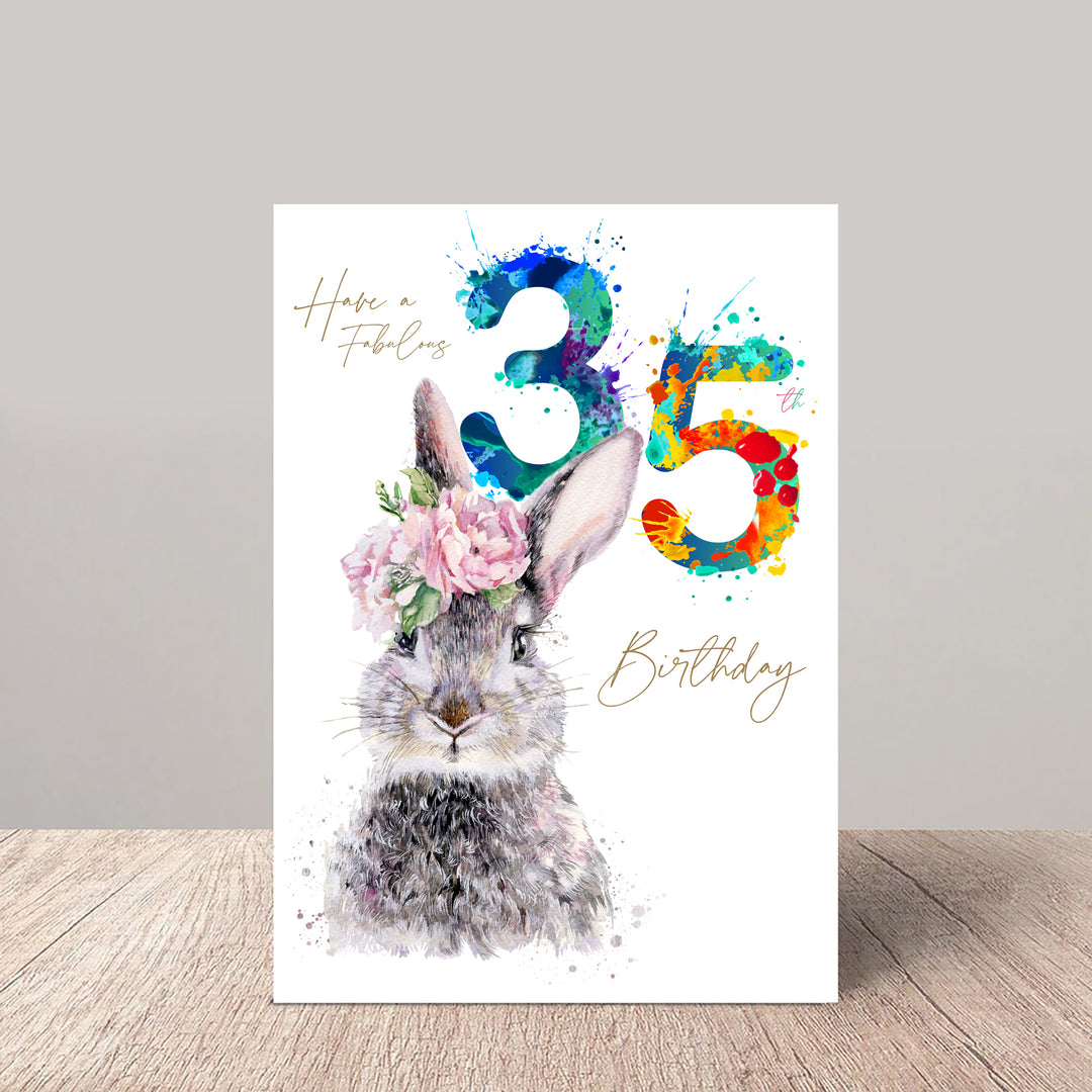 Fabulous 35th Birthday Card Floral Hare