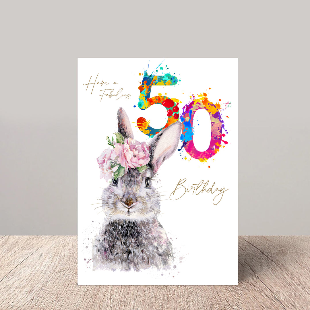Fabulous 50th Birthday Card Floral Hare