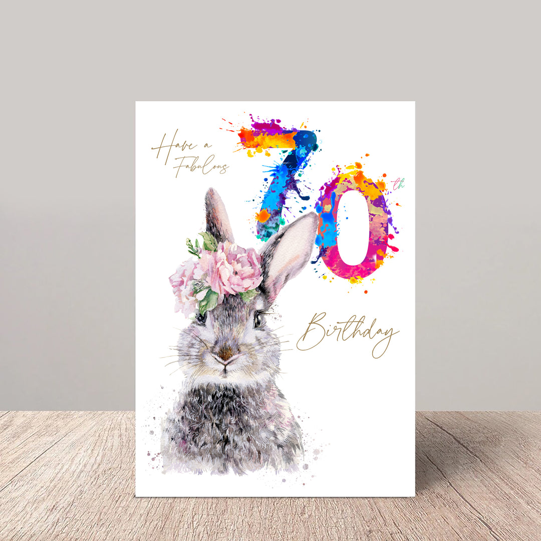 Fabulous 70th Birthday Card Floral Hare