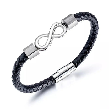 Black Braided Leather Stainless Steel Infinity Bracelet - Glen Ogal