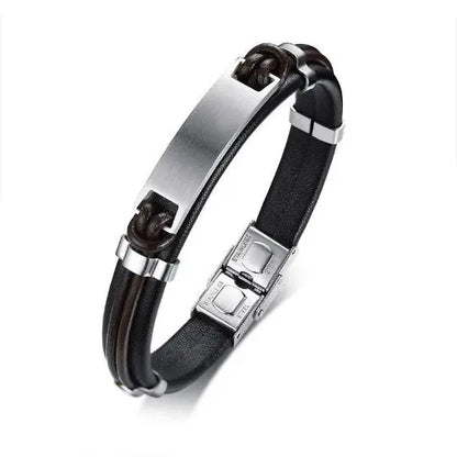 Black Leather Bracelet with A Plain Silver Plate Glen Ogal