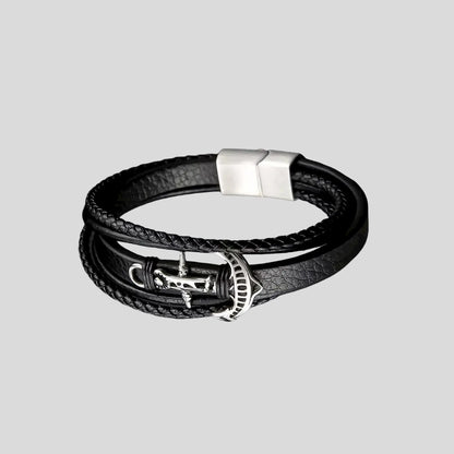 Black Leather Titanium Anchor Multi Strand Bracelet - Glen Ogal