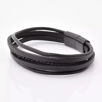 Black Multi Layer Leather Bracelet Silver Clasp - Glen Ogal