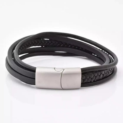 Black Multi Layer Leather Bracelet Silver Clasp - Glen Ogal
