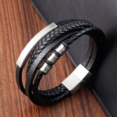 Black Multi Layer Leather Bracelet with Silver Charms Glen Ogal