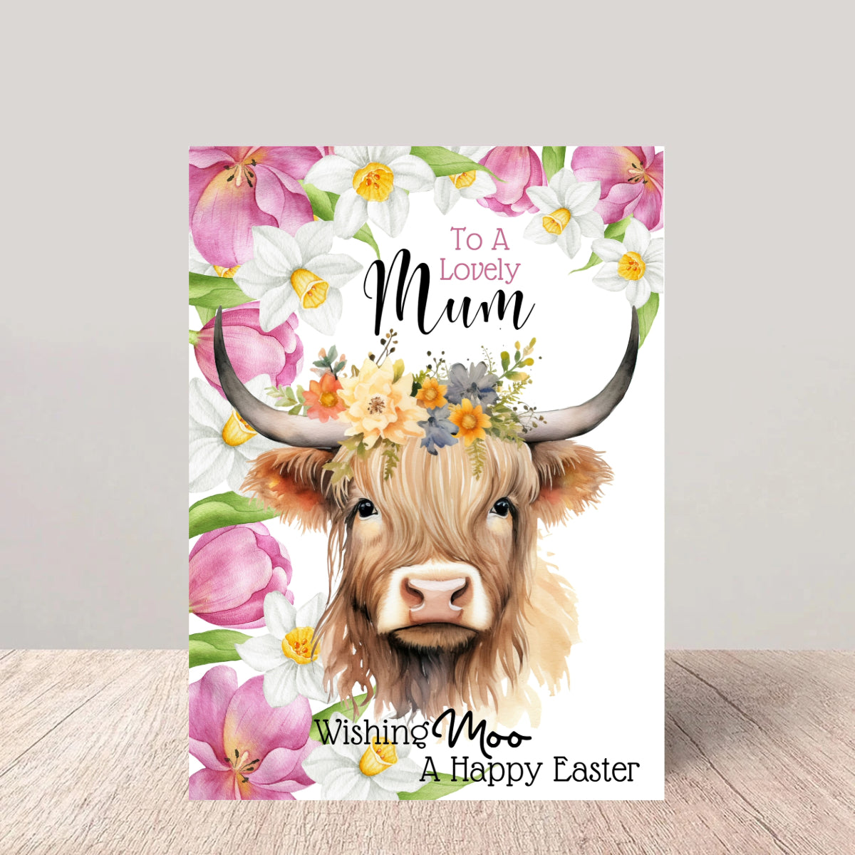 Mum Easter Card - Floral Highland Cow Greetings Card