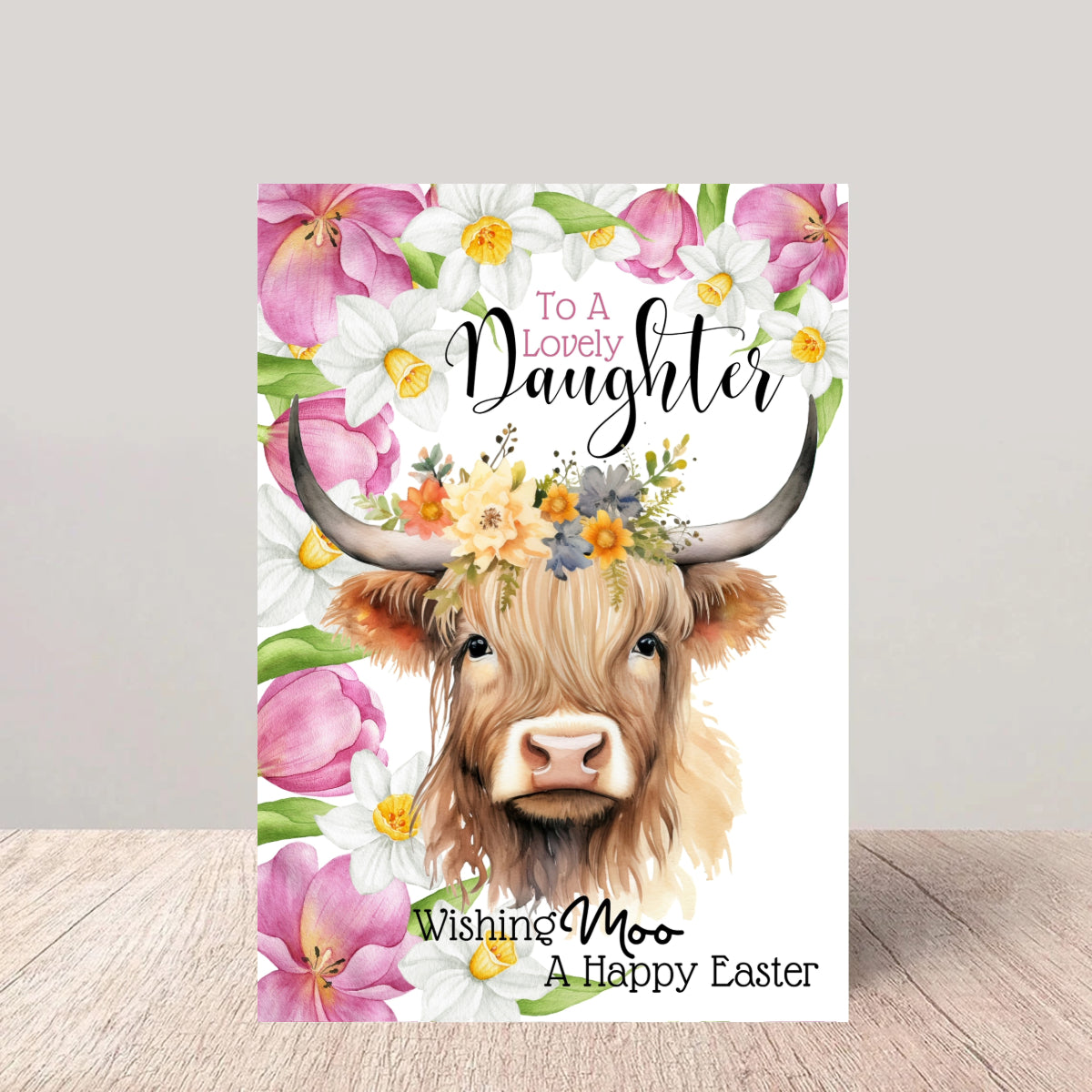 Daughter Easter Card - Floral Highland Cow Greetings Card