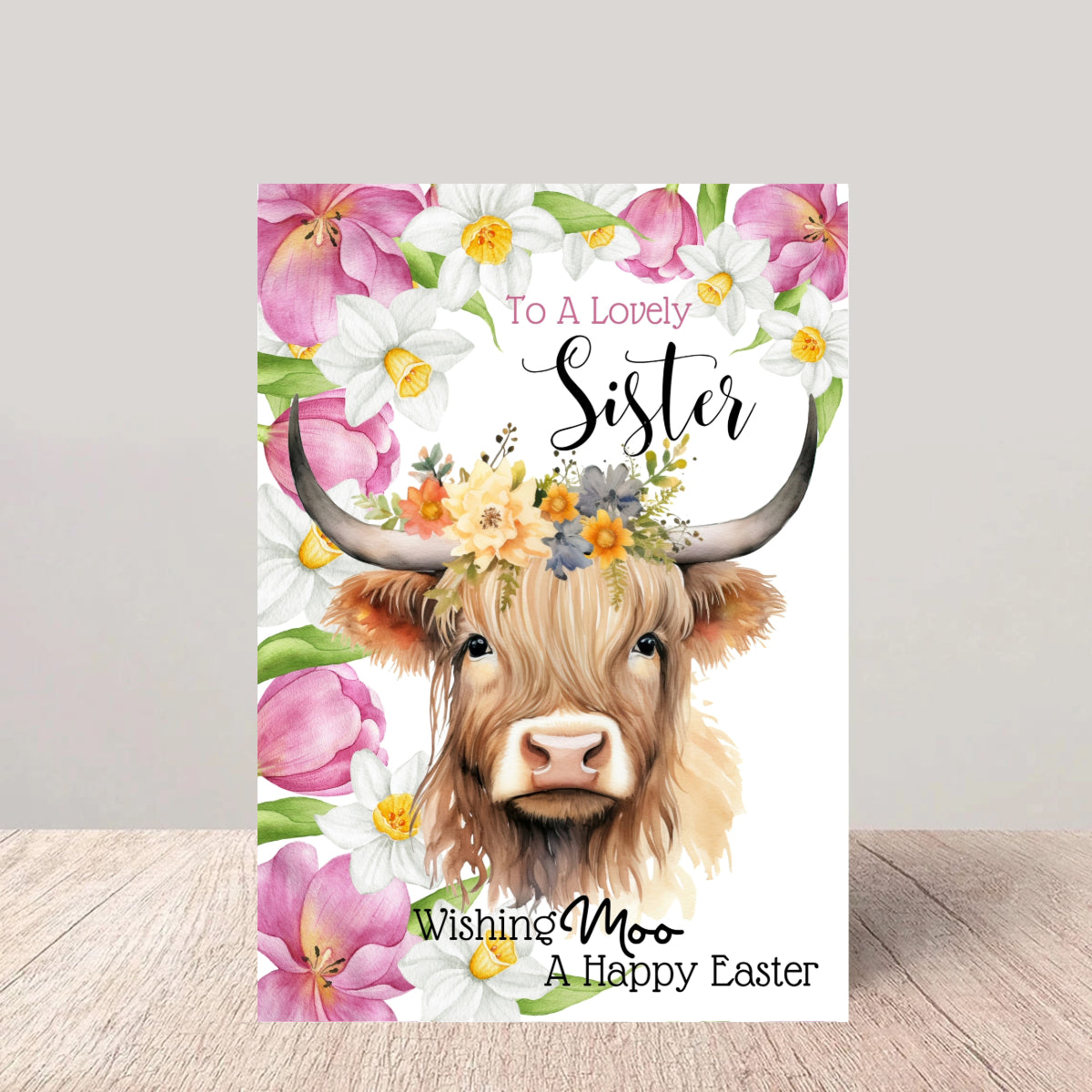 Sister Easter Card - Floral Highland Cow Greetings Card