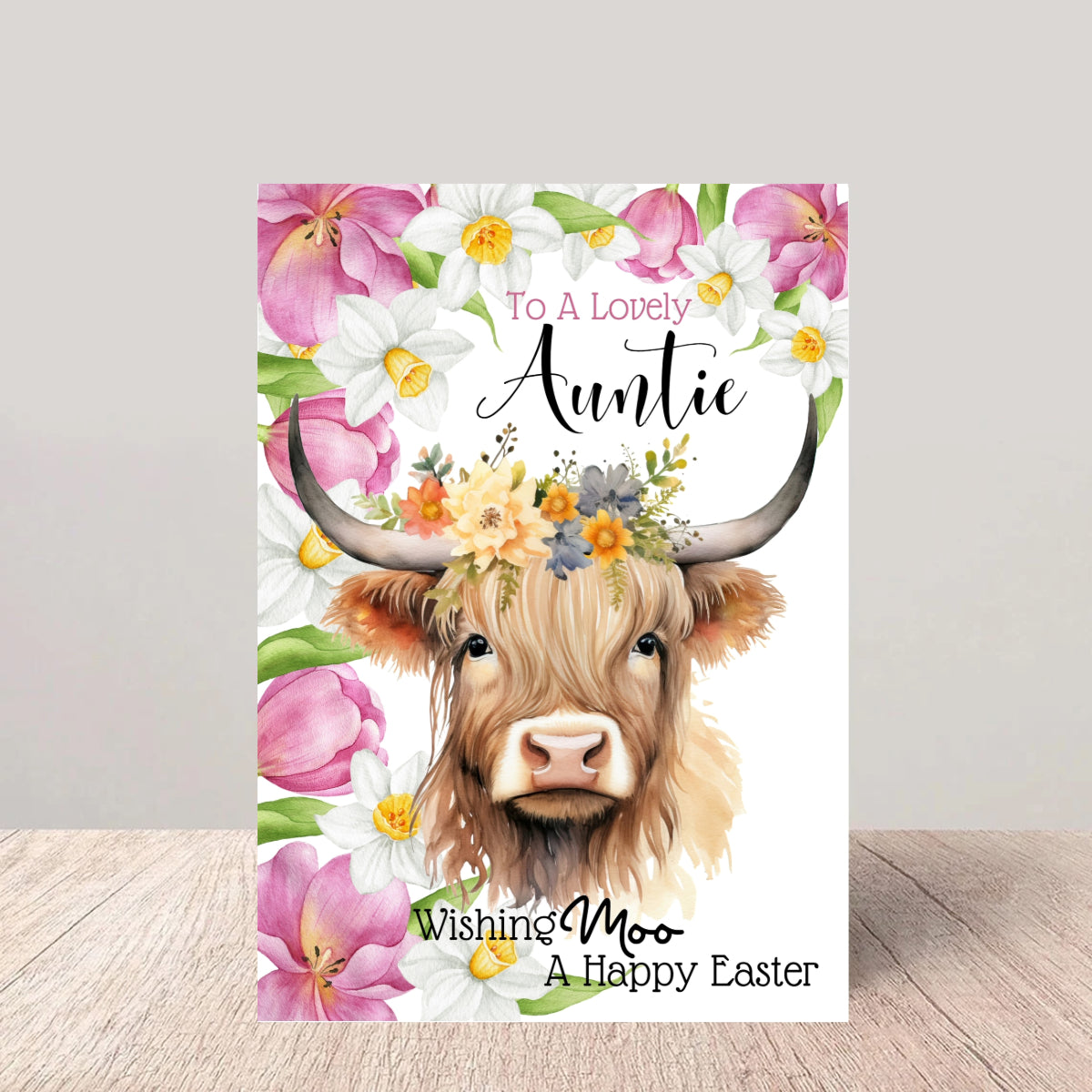 Auntie Easter Card - Floral Highland Cow Greetings Card