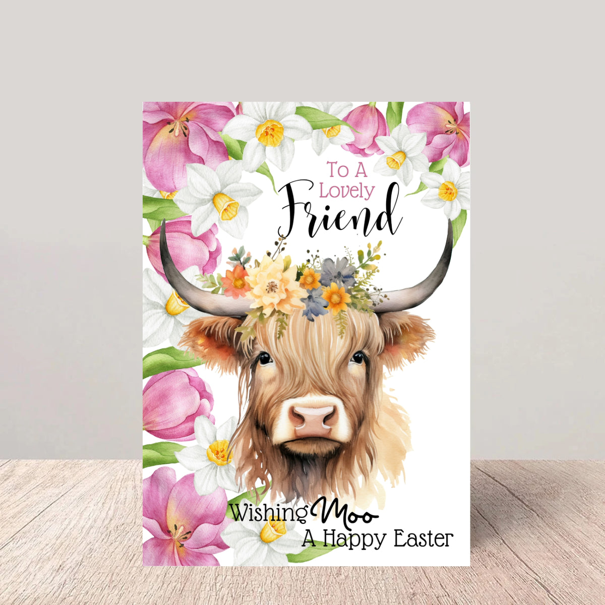 Friend Easter Card - Floral Highland Cow Greetings Card
