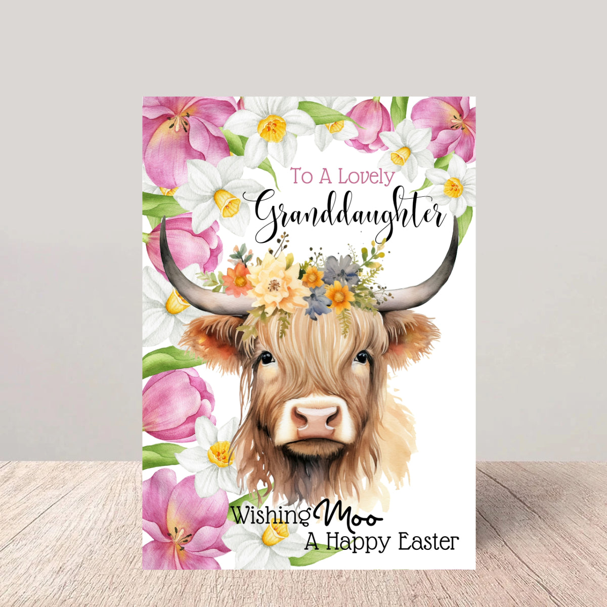 Granddaughter Easter Card - Floral Highland Cow Greetings Card