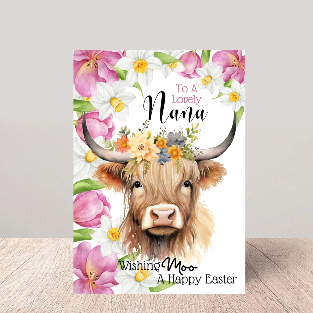 Nana Easter Card - Floral Highland Cow Greetings Card