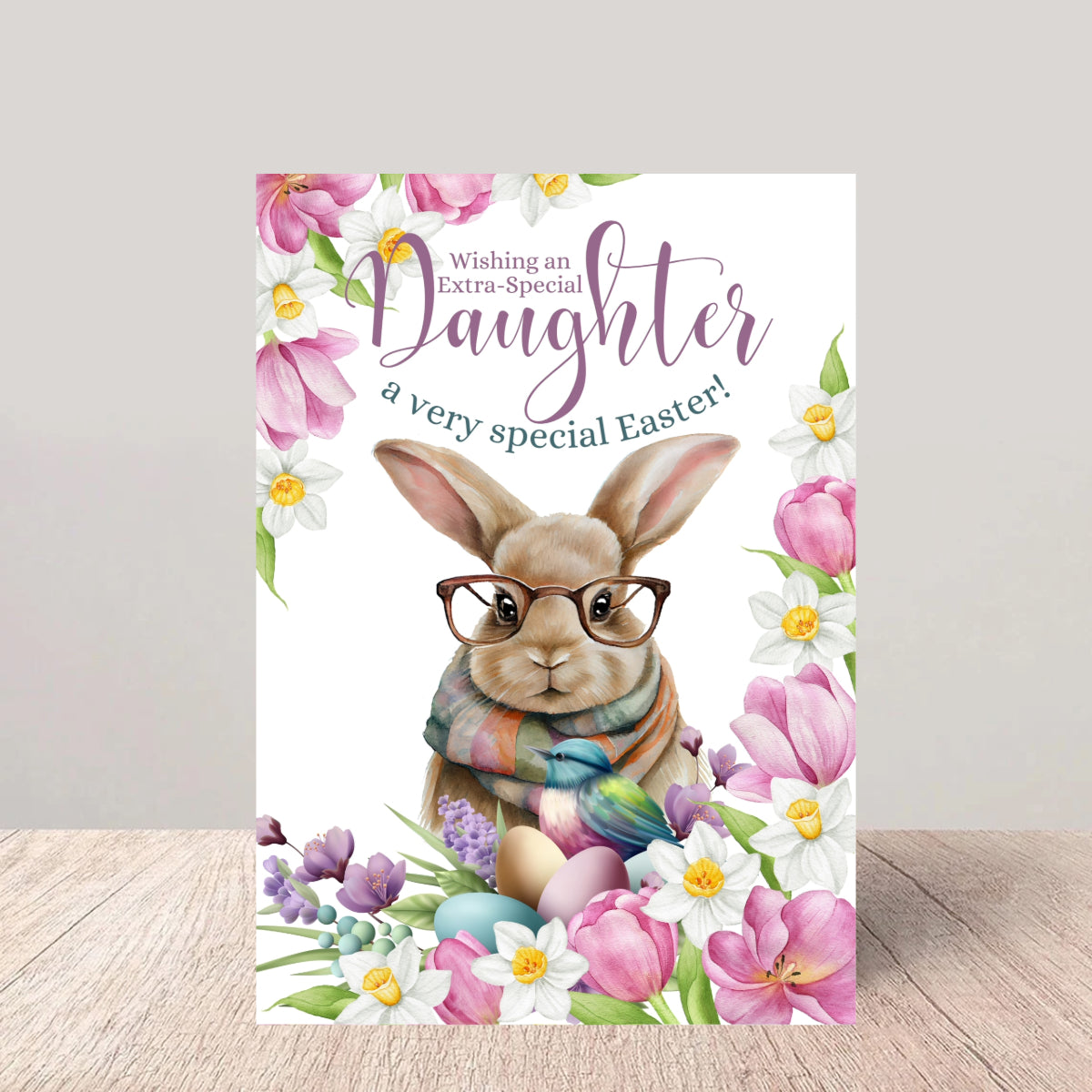 Daughter Easter Greetings Card - Whimsical Bunny and Spring Flowers