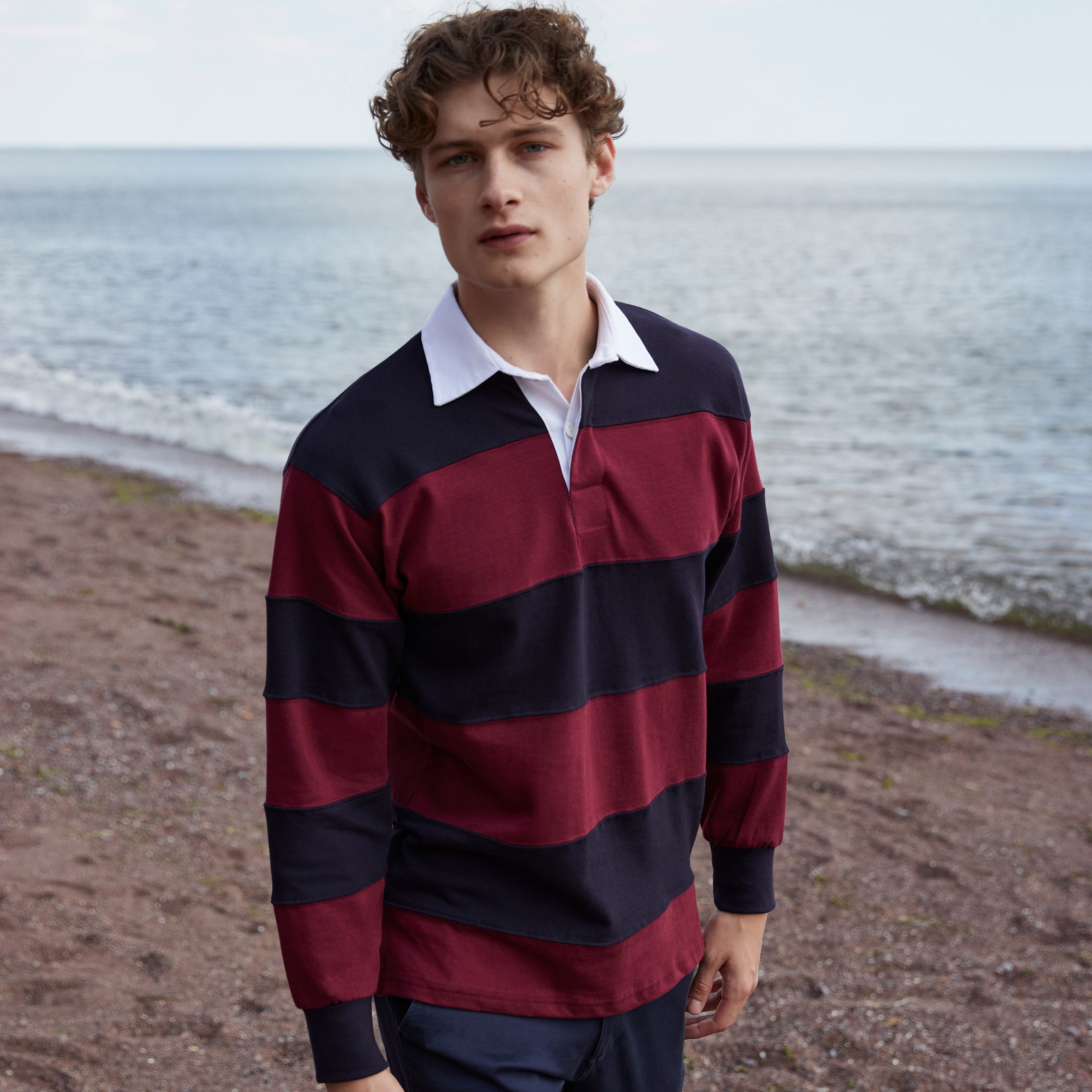Glen Ogal Mens stripe rugby shirt styled for smart-casual wear