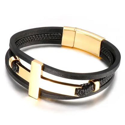 Gold Multi-Layer Steel Cross Leather Bracelet For Men - Glen Ogal