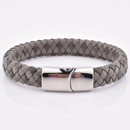 Grey braided leather men’s bracelet with stainless steel clasp by Glen Ogal