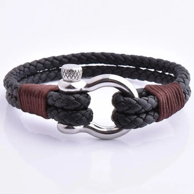 Men's Black Braided Leather Stainless Steel Screw Shackle Bracelet Glen Ogal