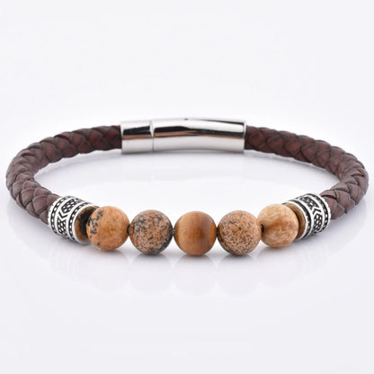 Natural Wood Stone Beaded Leather Bracelet Glen Ogal