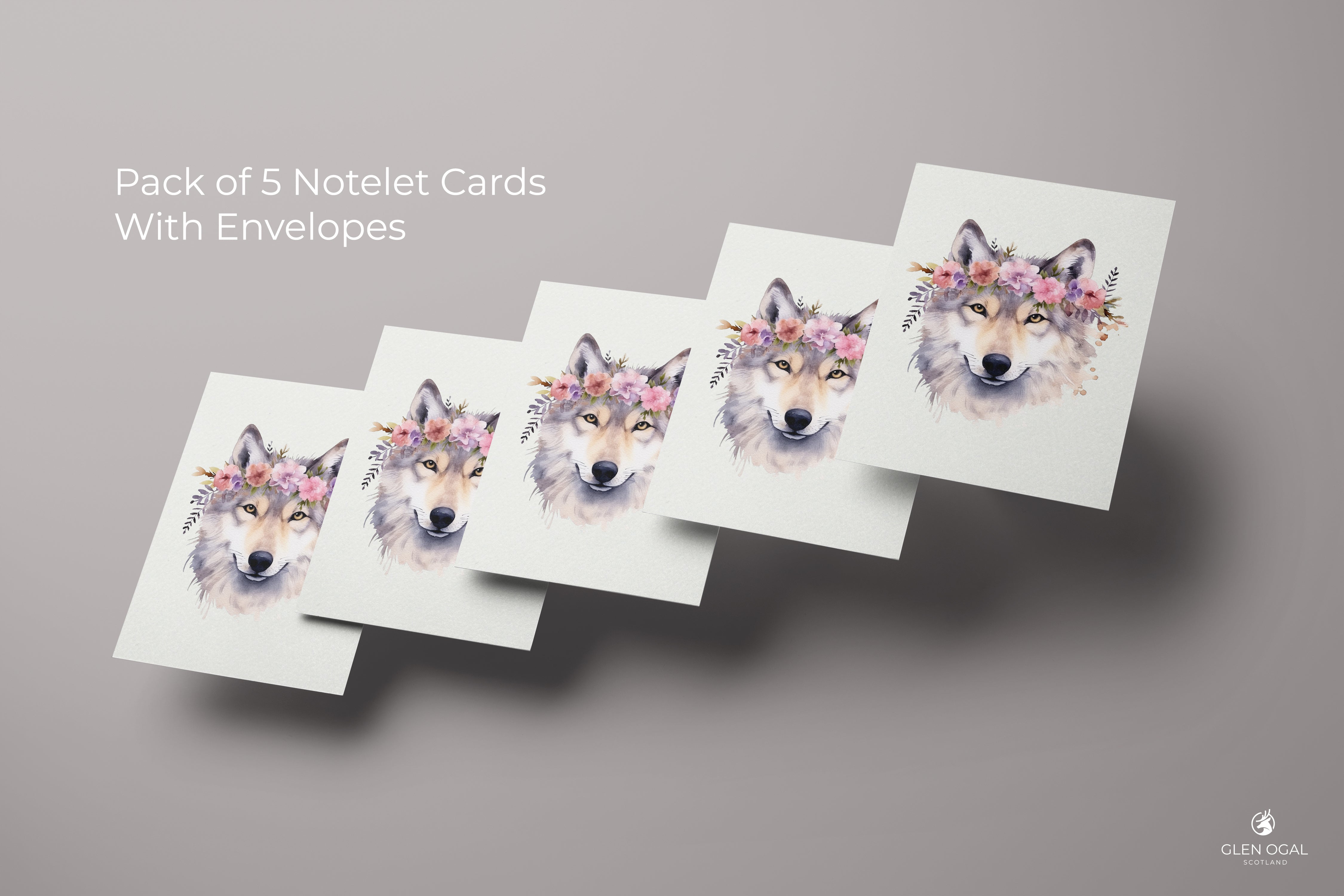 Pack of 5 Floral Wolf Note Cards